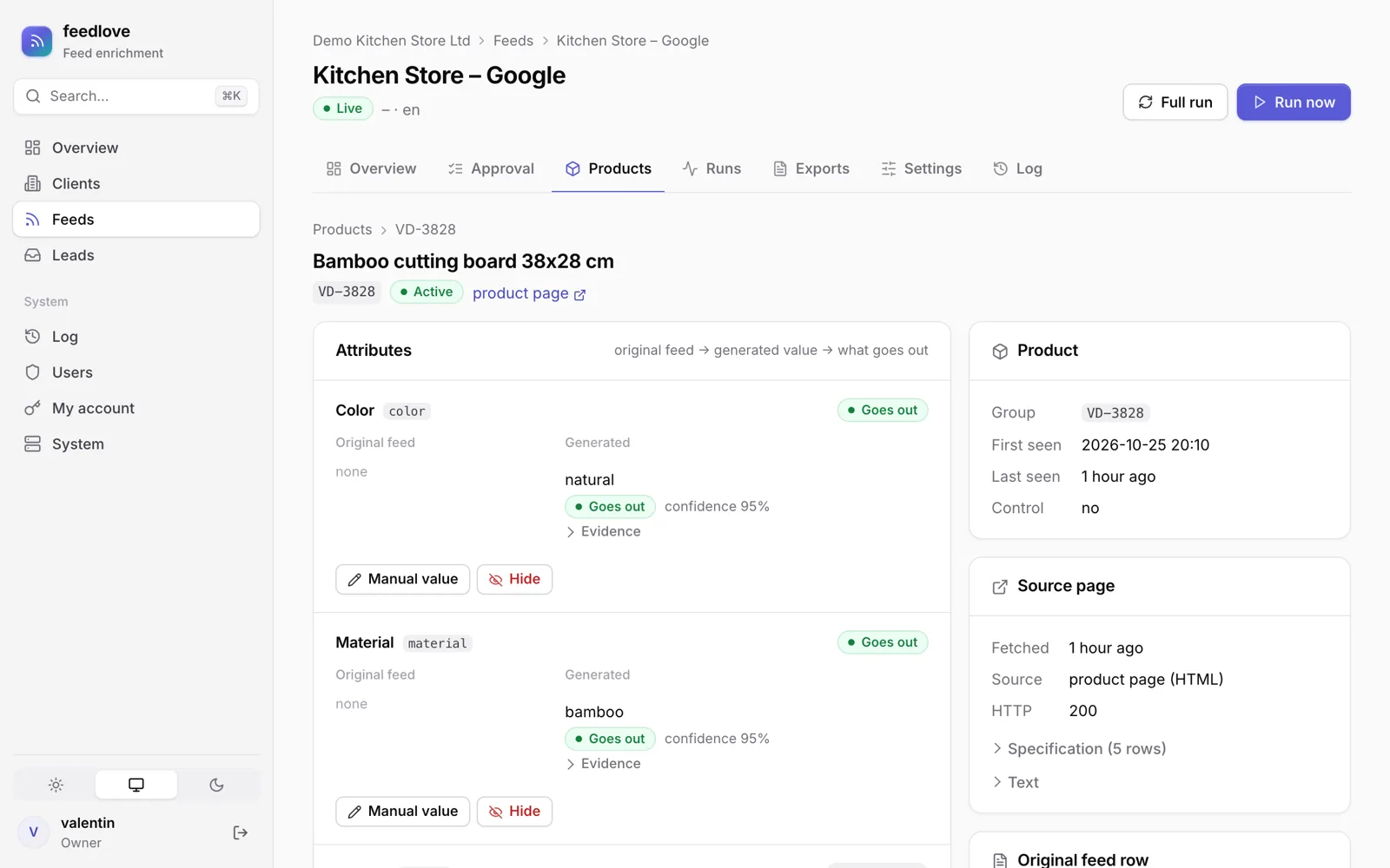 Product: screenshot of the feedlove interface