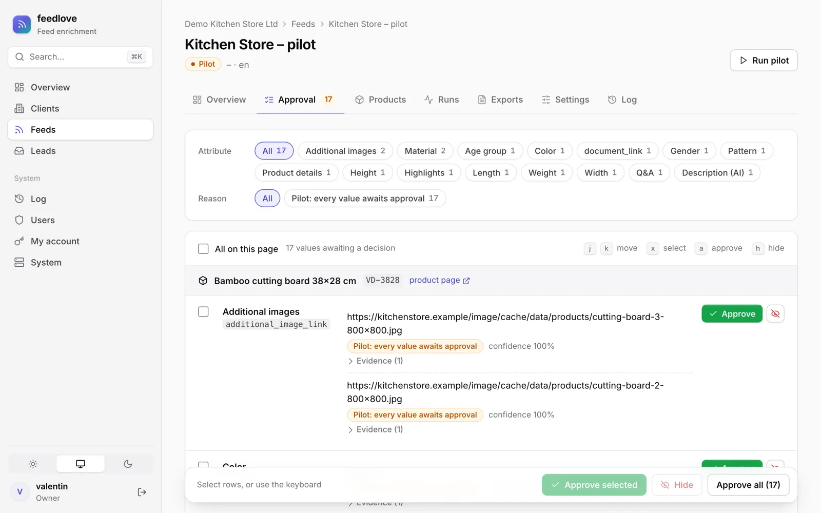 Approval: screenshot of the feedlove interface