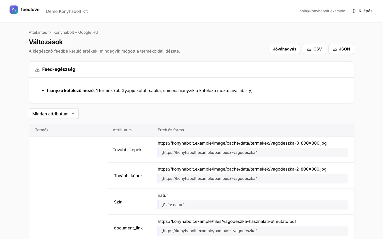 Ügyfélportál: képernyőkép a feedlove felületéről