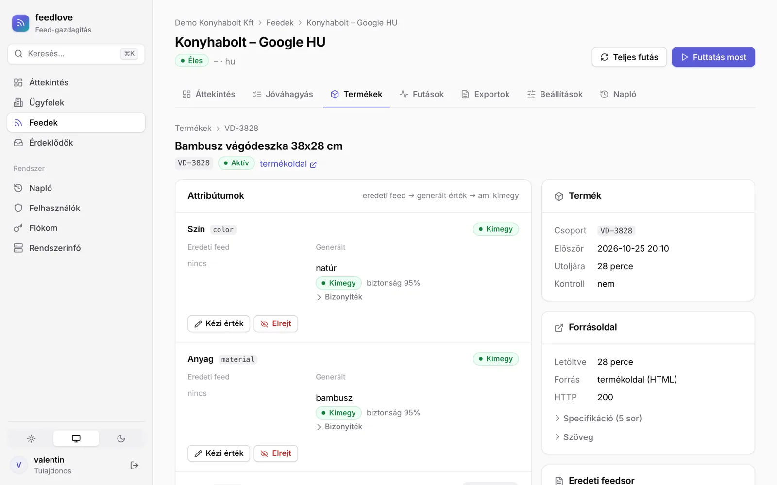 Termék: képernyőkép a feedlove felületéről