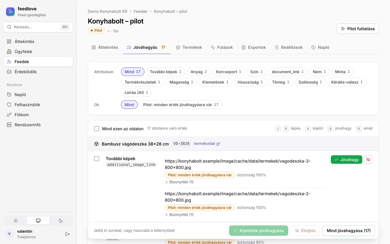 Jóváhagyás: képernyőkép a feedlove felületéről